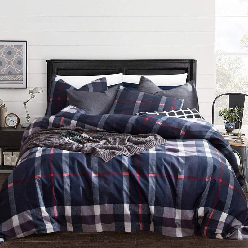 KAREVER Navy Plaid Comforter Set Queen Checkered Bedding Set Navy Blue Tartan Grid Comforter Striped for Women Adult Navy Blue Checkered Blanket Set Dark Navy Queen Bed Comforter Set - Image 5